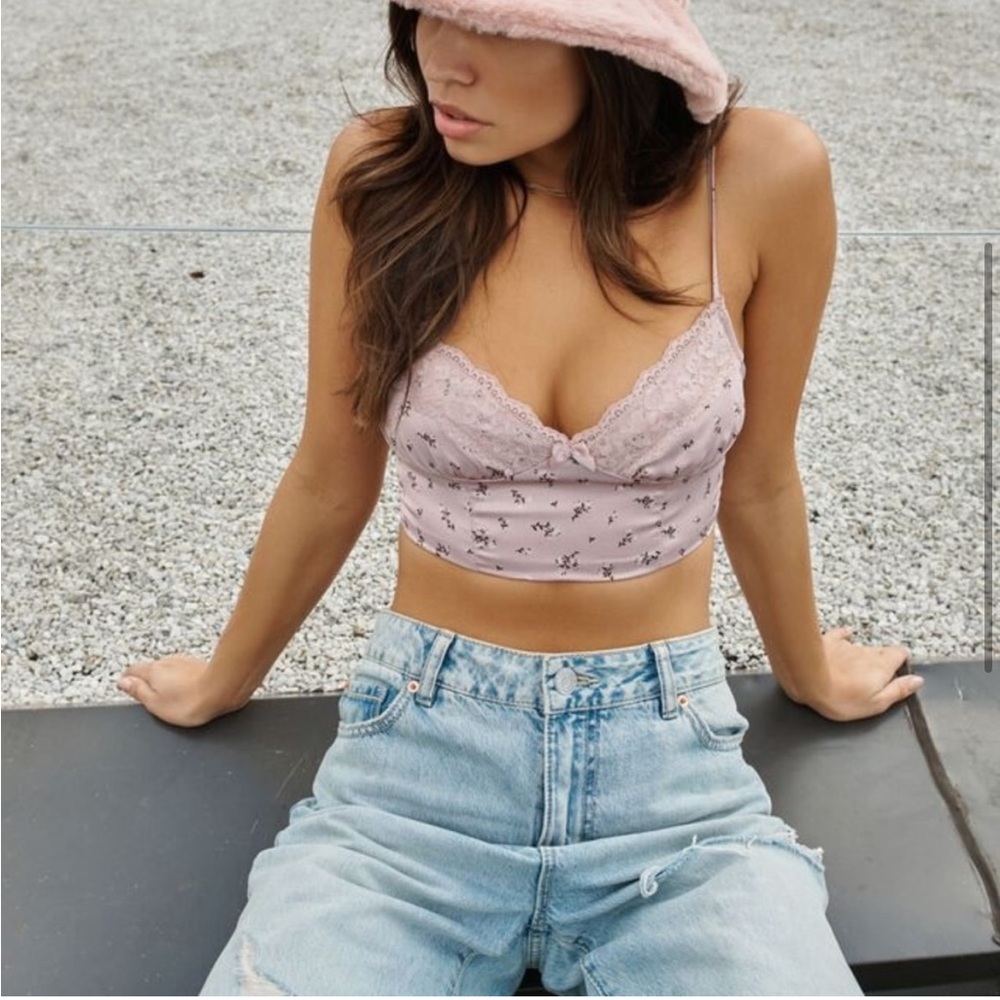 GARAGE Haut Nova Lace Trim Satin Bustier Dreamy Mauve Ditsy Floral, XS, NWT